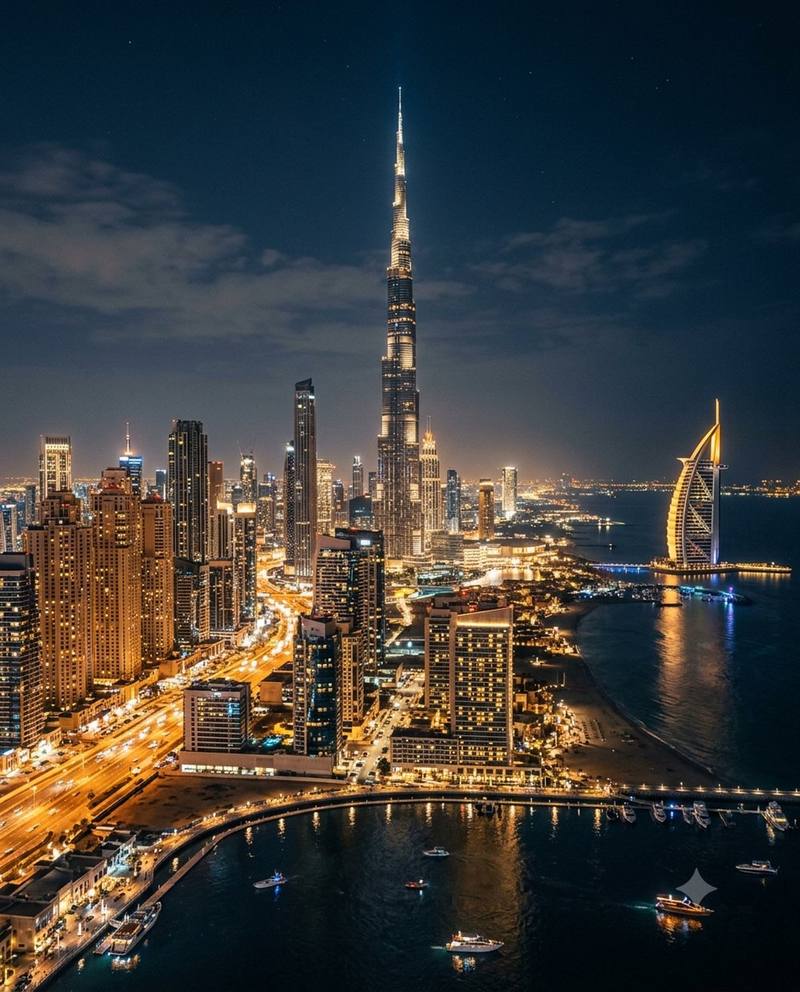 Skyline di Dubai di notte con Burj Khalifa e Burj Al Arab